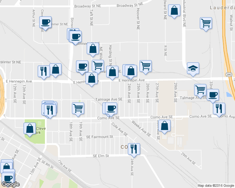 map of restaurants, bars, coffee shops, grocery stores, and more near 1049 23rd Avenue Southeast in Minneapolis