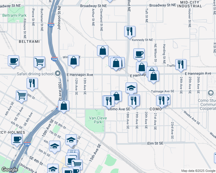 map of restaurants, bars, coffee shops, grocery stores, and more near 1058 16th Avenue Southeast in Minneapolis