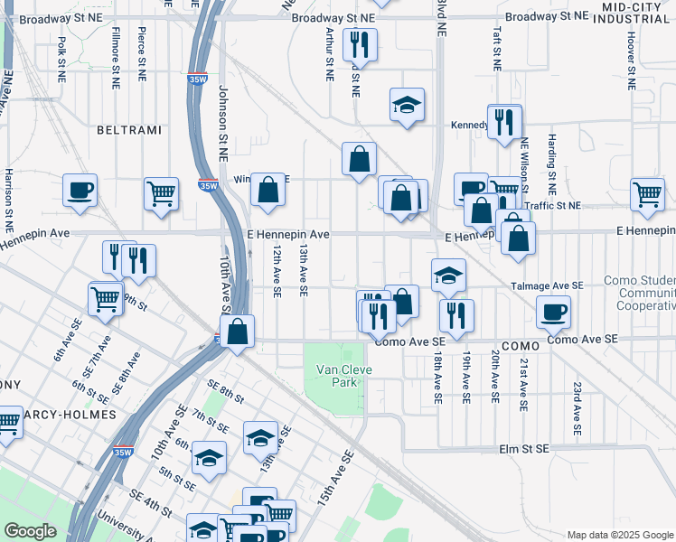 map of restaurants, bars, coffee shops, grocery stores, and more near 1057 15th Avenue Southeast in Minneapolis