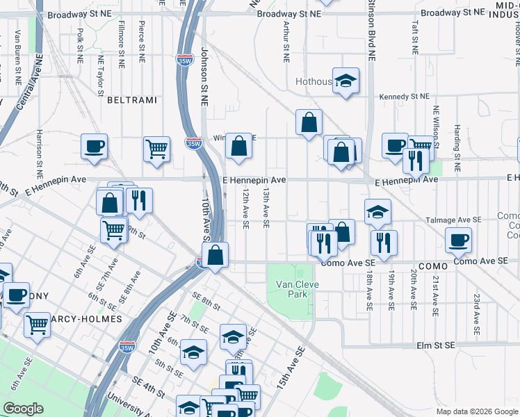 map of restaurants, bars, coffee shops, grocery stores, and more near 1057 13th Avenue Southeast in Minneapolis