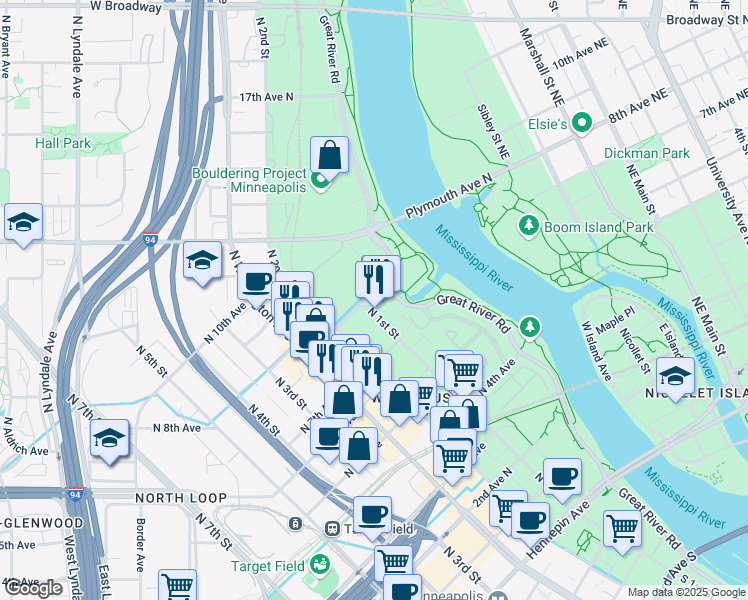map of restaurants, bars, coffee shops, grocery stores, and more near 713 North 1st Street in Minneapolis