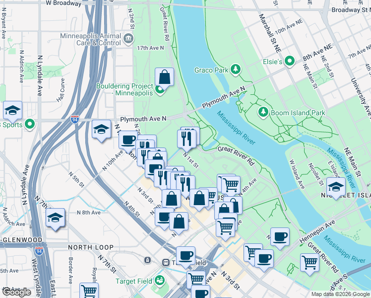 map of restaurants, bars, coffee shops, grocery stores, and more near 713 North 1st Street in Minneapolis