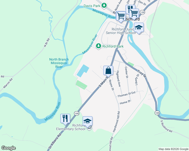 map of restaurants, bars, coffee shops, grocery stores, and more near 308 South Main Street in Richford