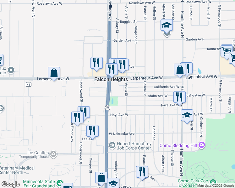 map of restaurants, bars, coffee shops, grocery stores, and more near 1537 Iowa Avenue in Falcon Heights
