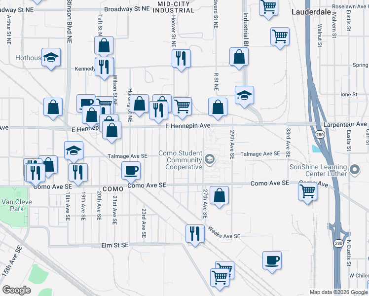 map of restaurants, bars, coffee shops, grocery stores, and more near 1054 25th Avenue Southeast in Minneapolis