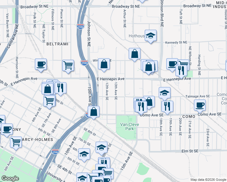 map of restaurants, bars, coffee shops, grocery stores, and more near 1057 13th Avenue Southeast in Minneapolis