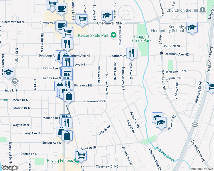 map of restaurants, bars, coffee shops, grocery stores, and more near 1001 Lawless Street Northeast in Keizer