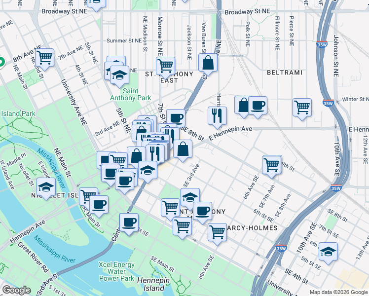map of restaurants, bars, coffee shops, grocery stores, and more near 1 27th Avenue Southeast in Minneapolis