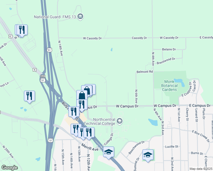 map of restaurants, bars, coffee shops, grocery stores, and more near 1901 10th Avenue North in Wausau