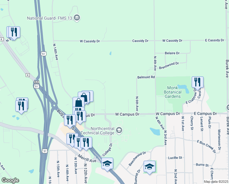 map of restaurants, bars, coffee shops, grocery stores, and more near 1913 10th Avenue North in Wausau