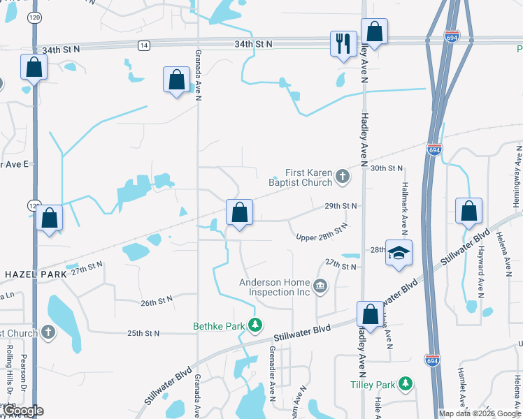map of restaurants, bars, coffee shops, grocery stores, and more near 2948 Granada Lane North in Saint Paul