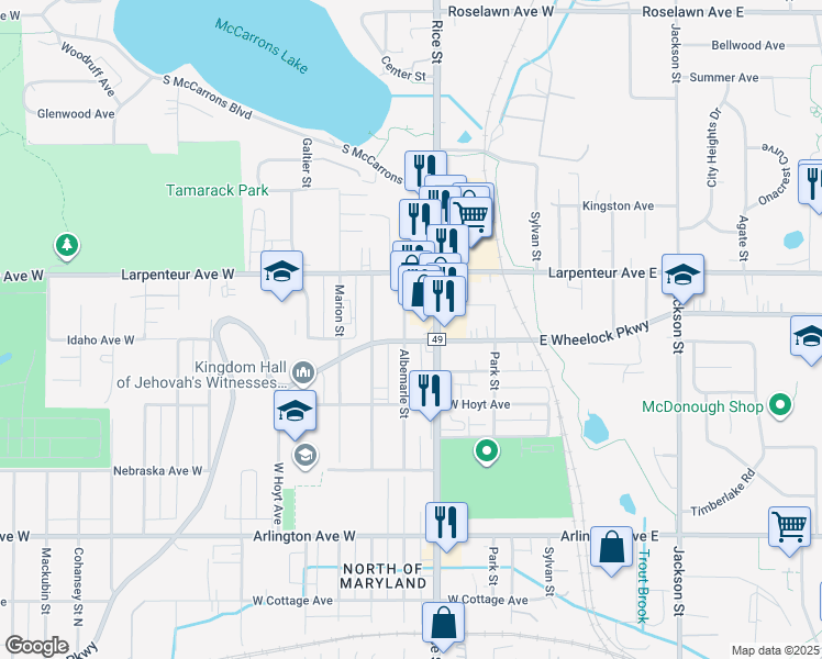 map of restaurants, bars, coffee shops, grocery stores, and more near 1657 Rice Street in Saint Paul