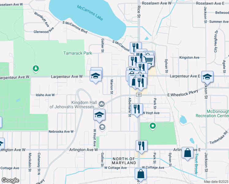 map of restaurants, bars, coffee shops, grocery stores, and more near 1650 Marion Street in Saint Paul