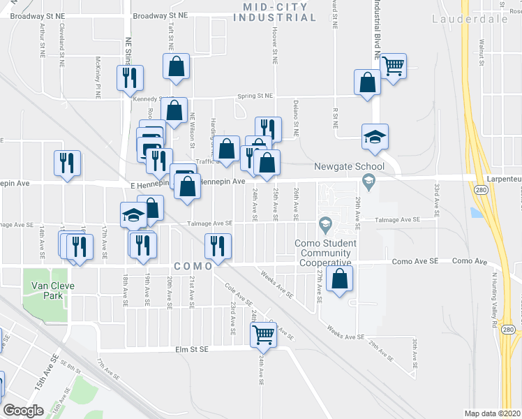 map of restaurants, bars, coffee shops, grocery stores, and more near 1101 24th Avenue Southeast in Minneapolis