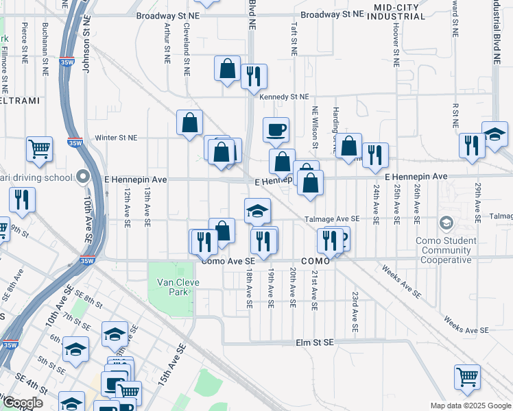 map of restaurants, bars, coffee shops, grocery stores, and more near 1108 18th Avenue Southeast in Minneapolis
