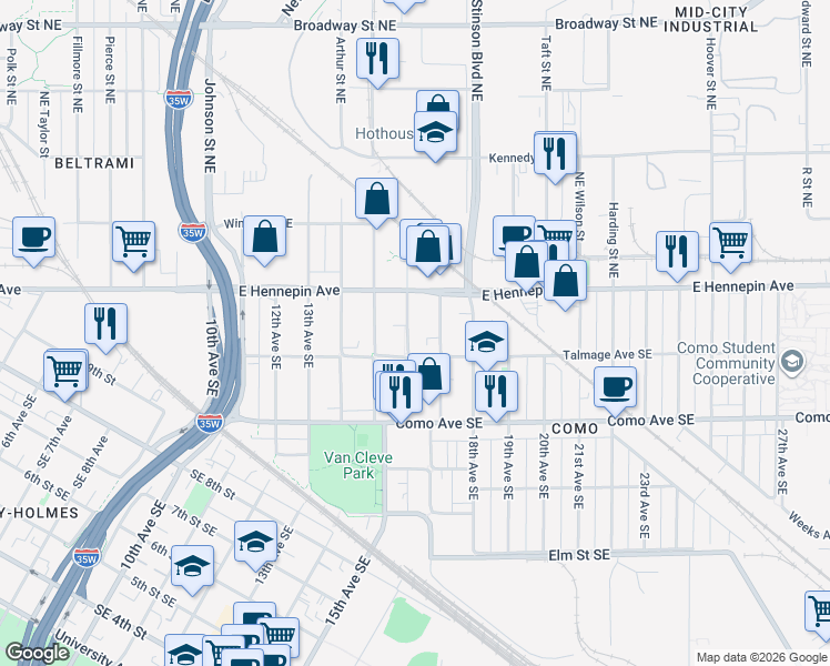 map of restaurants, bars, coffee shops, grocery stores, and more near 1106 16th Avenue Southeast in Minneapolis