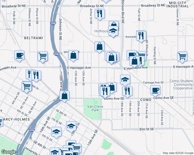 map of restaurants, bars, coffee shops, grocery stores, and more near 1103 15th Avenue Southeast in Minneapolis