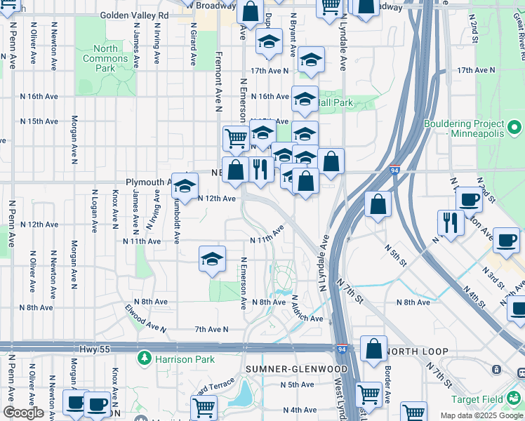 map of restaurants, bars, coffee shops, grocery stores, and more near 1200 North 7th Street in Minneapolis