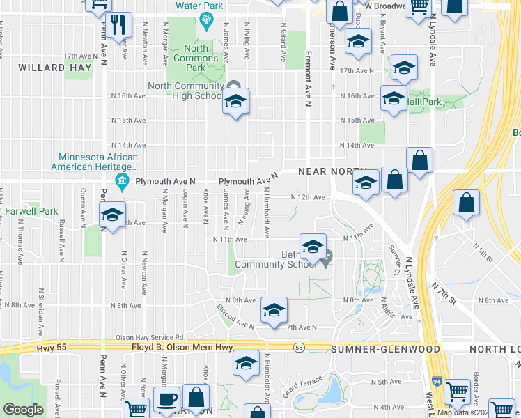 map of restaurants, bars, coffee shops, grocery stores, and more near 1223 North Humboldt Avenue in Minneapolis