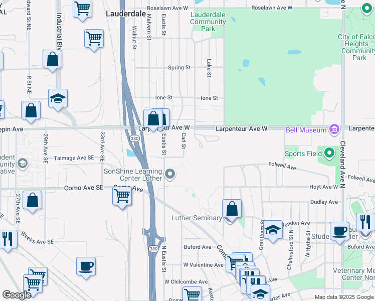 map of restaurants, bars, coffee shops, grocery stores, and more near 1622 Carl Street in Saint Paul