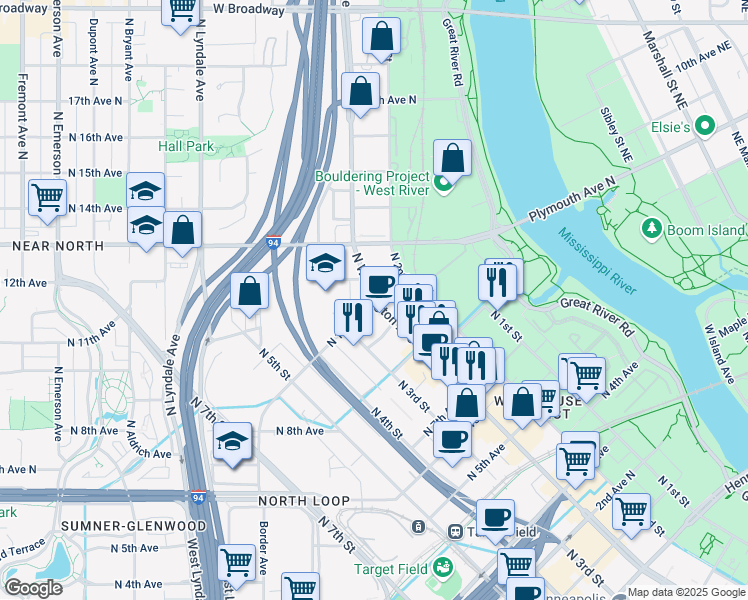 map of restaurants, bars, coffee shops, grocery stores, and more near North Washington Avenue & 10th Avenue North in Minneapolis
