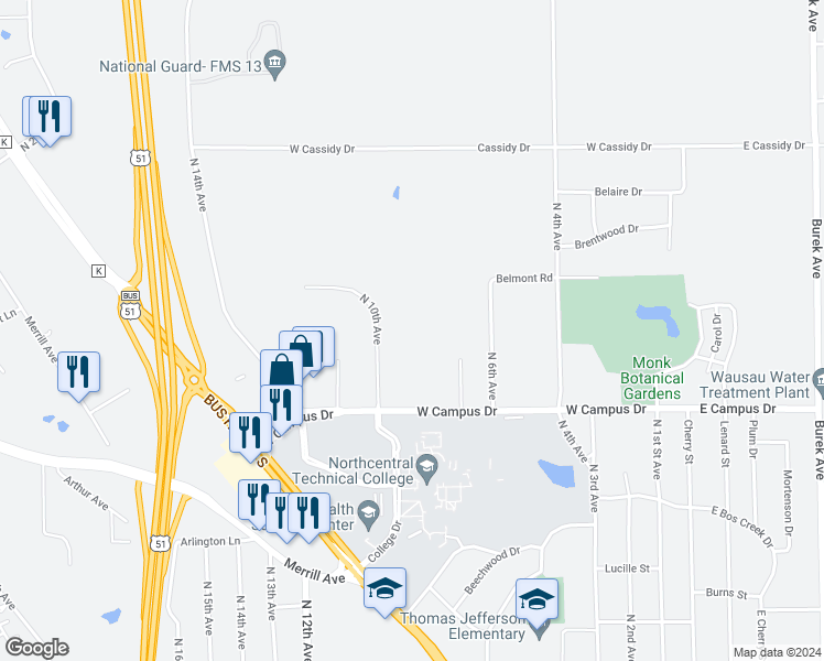 map of restaurants, bars, coffee shops, grocery stores, and more near 1901 North 10th Avenue in Wausau