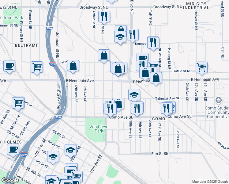map of restaurants, bars, coffee shops, grocery stores, and more near 1106 16th Avenue Southeast in Minneapolis