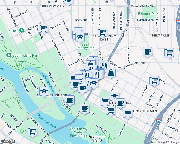 map of restaurants, bars, coffee shops, grocery stores, and more near 555 1st Avenue Northeast in Minneapolis