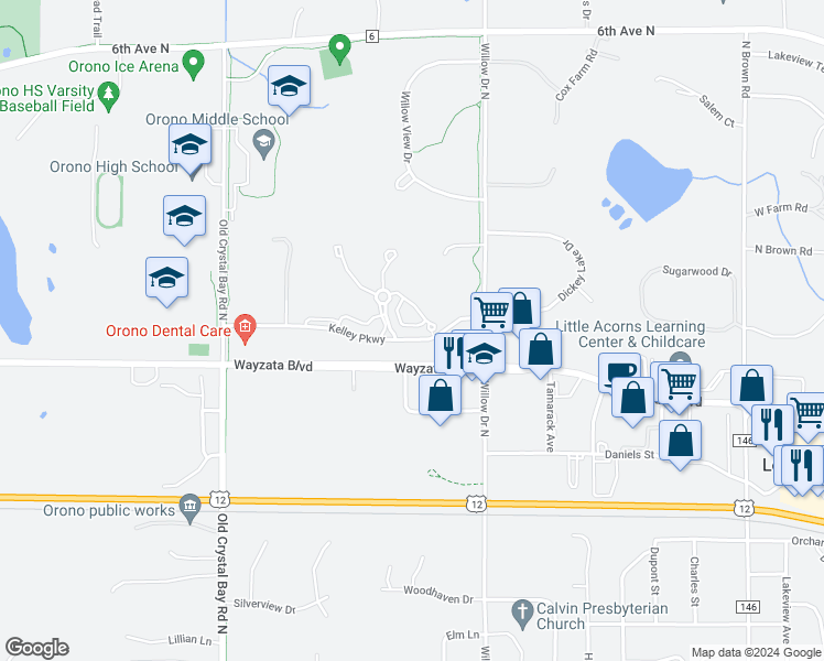 map of restaurants, bars, coffee shops, grocery stores, and more near 659 Sandstone Circle in Long Lake