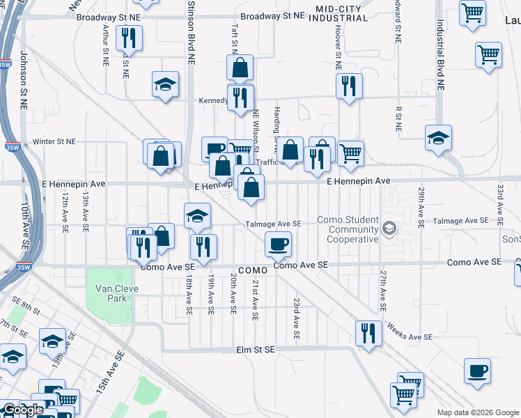 map of restaurants, bars, coffee shops, grocery stores, and more near 1101 22nd Avenue Southeast in Minneapolis
