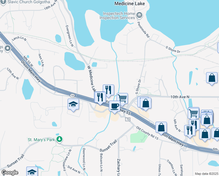 map of restaurants, bars, coffee shops, grocery stores, and more near 1020 West Medicine Lake Drive in Plymouth