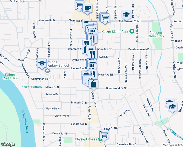map of restaurants, bars, coffee shops, grocery stores, and more near 4605 River Road North in Keizer
