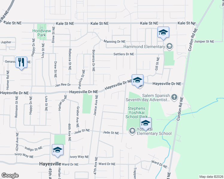 map of restaurants, bars, coffee shops, grocery stores, and more near 4783 Hayesville Drive Northeast in Salem