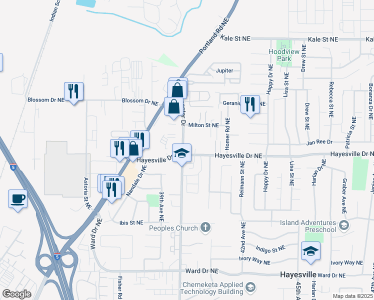 map of restaurants, bars, coffee shops, grocery stores, and more near 4748 Lancaster Drive Northeast in Salem