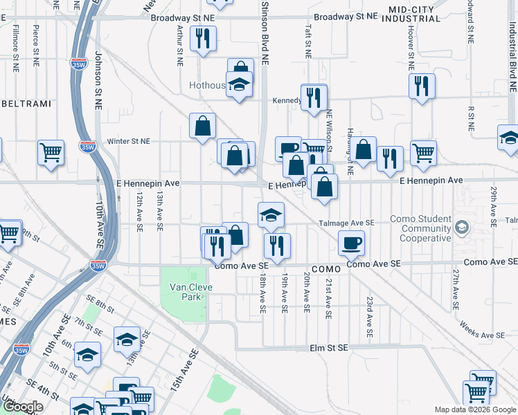 map of restaurants, bars, coffee shops, grocery stores, and more near 1108 18th Avenue Southeast in Minneapolis