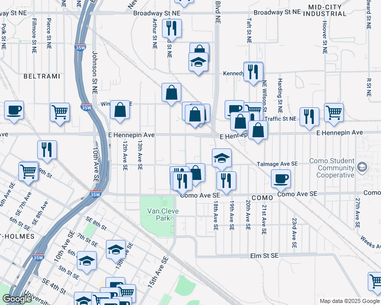 map of restaurants, bars, coffee shops, grocery stores, and more near 1106 16th Avenue Southeast in Minneapolis
