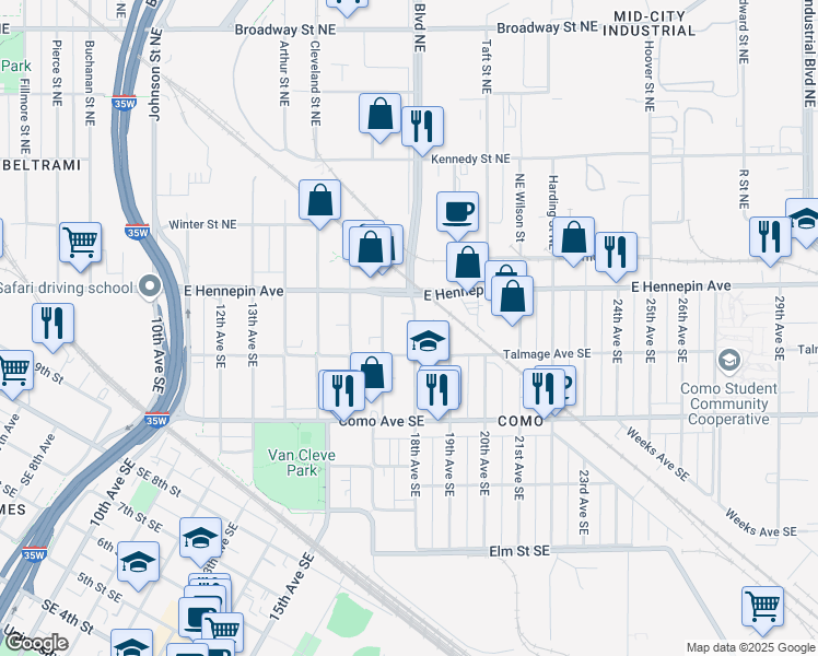 map of restaurants, bars, coffee shops, grocery stores, and more near 1108 18th Avenue Southeast in Minneapolis