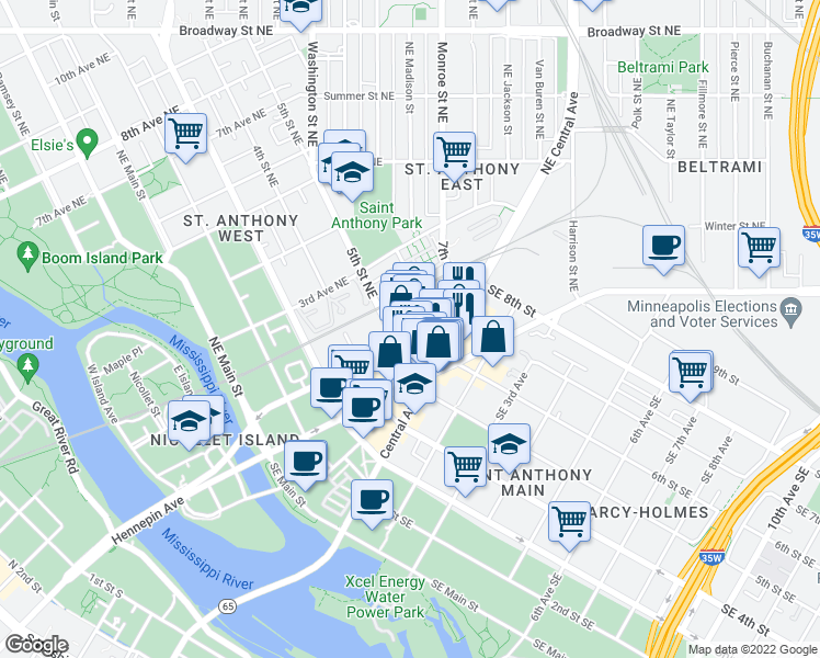 map of restaurants, bars, coffee shops, grocery stores, and more near 555 1st Avenue Northeast in Minneapolis