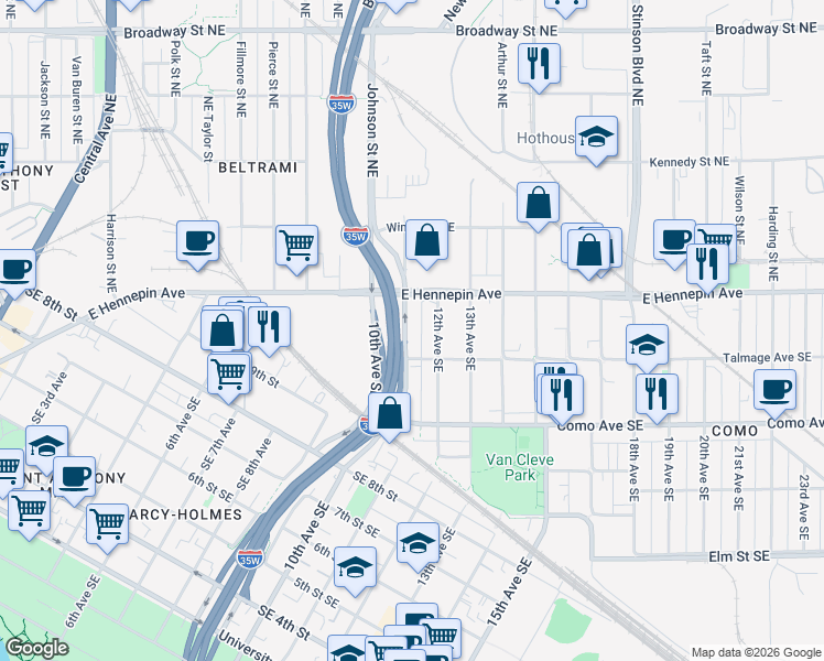 map of restaurants, bars, coffee shops, grocery stores, and more near 1086 11th Avenue Southeast in Minneapolis