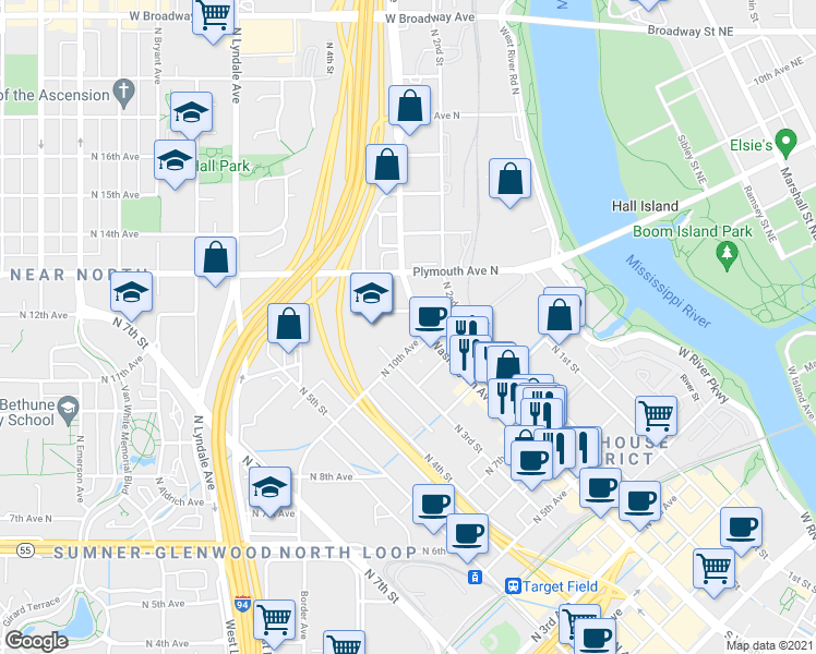 map of restaurants, bars, coffee shops, grocery stores, and more near 1001 Washington Avenue North in Minneapolis