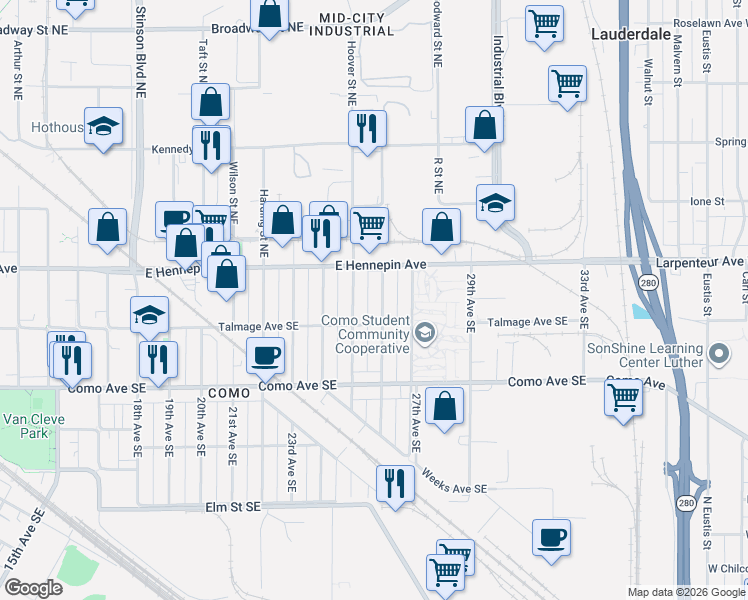 map of restaurants, bars, coffee shops, grocery stores, and more near 1094 25th Avenue Southeast in Minneapolis
