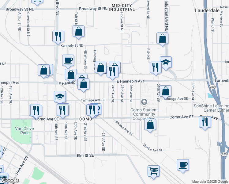map of restaurants, bars, coffee shops, grocery stores, and more near 1101 24th Avenue Southeast in Minneapolis