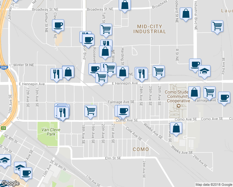 map of restaurants, bars, coffee shops, grocery stores, and more near 1101 22nd Avenue Southeast in Minneapolis