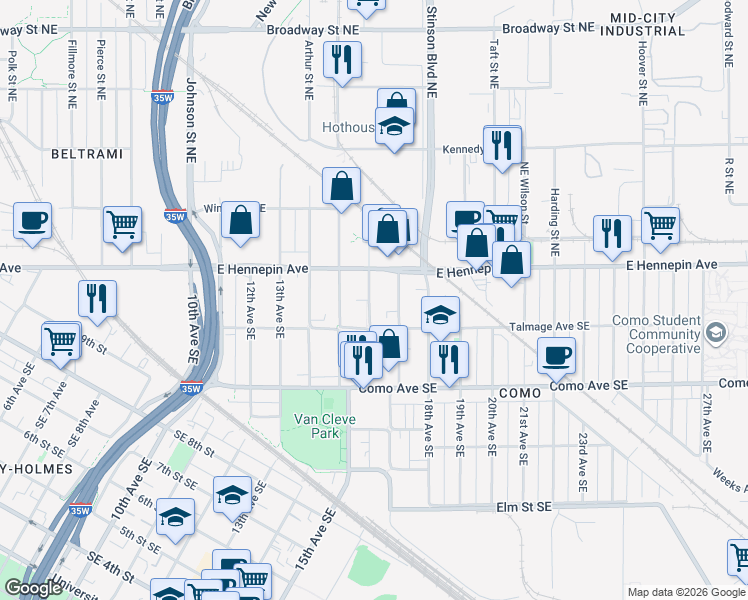 map of restaurants, bars, coffee shops, grocery stores, and more near 1106 16th Avenue Southeast in Minneapolis