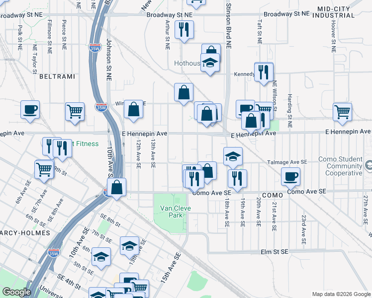 map of restaurants, bars, coffee shops, grocery stores, and more near 1103 15th Avenue Southeast in Minneapolis