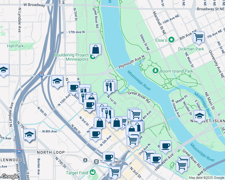 map of restaurants, bars, coffee shops, grocery stores, and more near 1 Plymouth Avenue North in Minneapolis