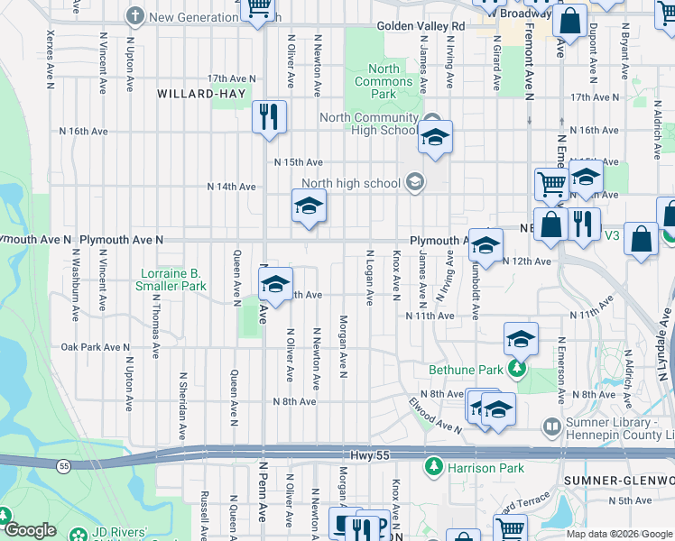 map of restaurants, bars, coffee shops, grocery stores, and more near 1234 North Morgan Avenue in Minneapolis