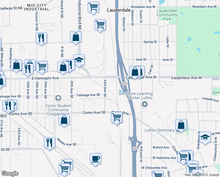 map of restaurants, bars, coffee shops, grocery stores, and more near 1070 33rd Avenue Southeast in Minneapolis