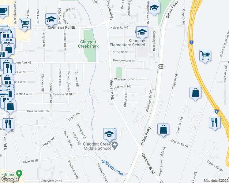 map of restaurants, bars, coffee shops, grocery stores, and more near 1652 Chelan Street Northeast in Salem
