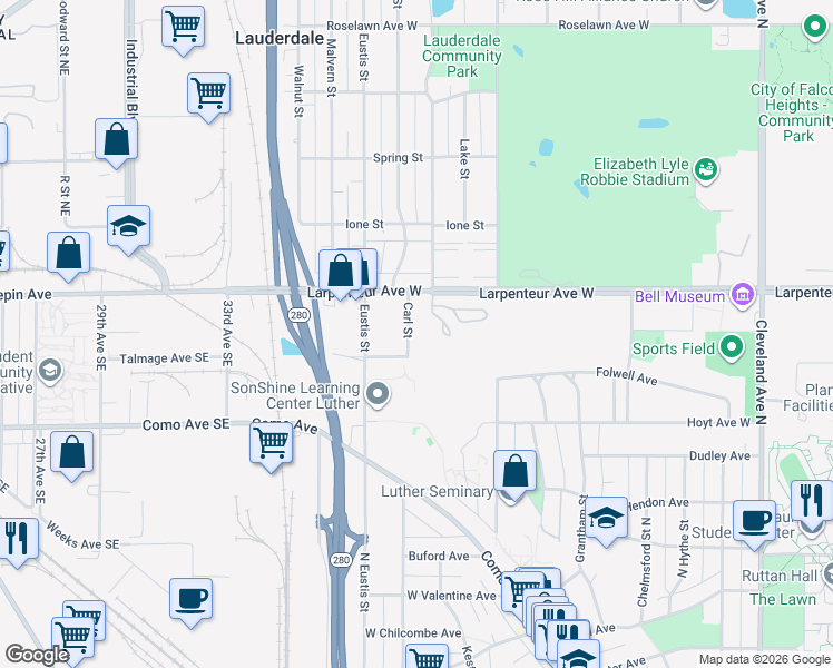 map of restaurants, bars, coffee shops, grocery stores, and more near 1631 Carl Street in Lauderdale